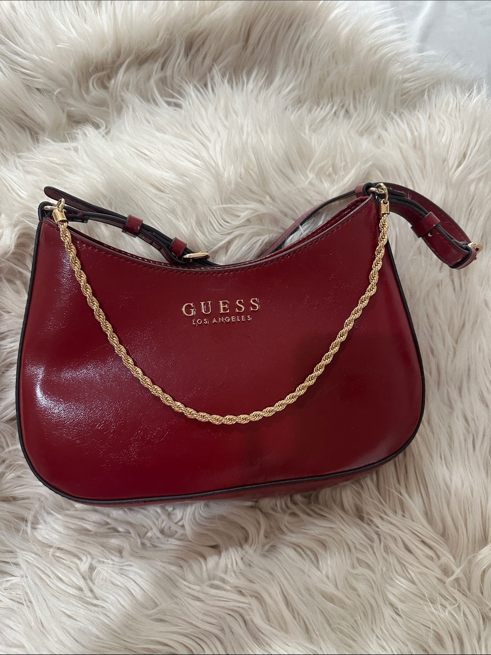 GUESS Burgundy Shoulder Bag with Gold Chain Accent